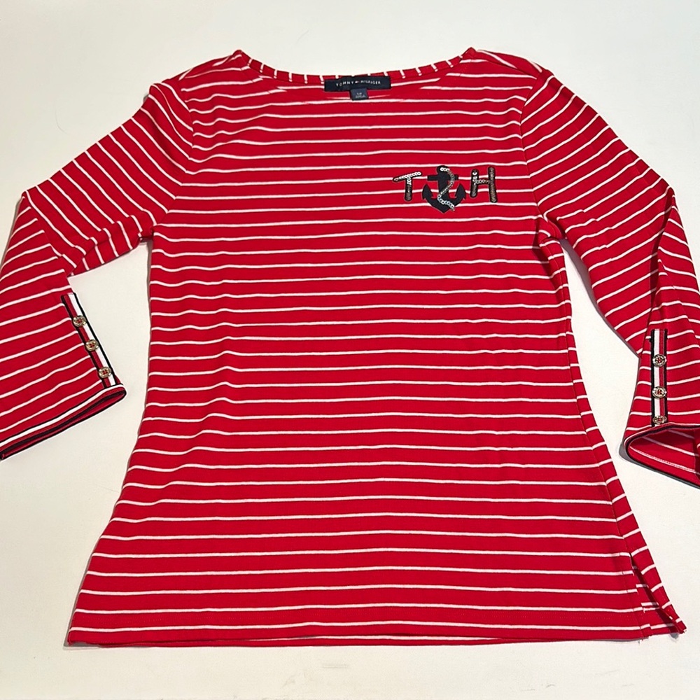TOMMY HILFIGER Women's Red White Striped Top